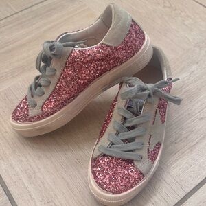 NWT Golden Goose Designer Kids 13 Pink Glitter Sneakers with Gray /Star Accents